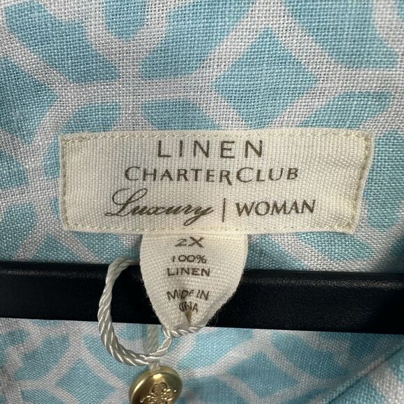 Charter Club Luxury Women’s 100% Linen 2X Blue Pattern Roll tab Sleeve Button Up - Picture 5 of 12